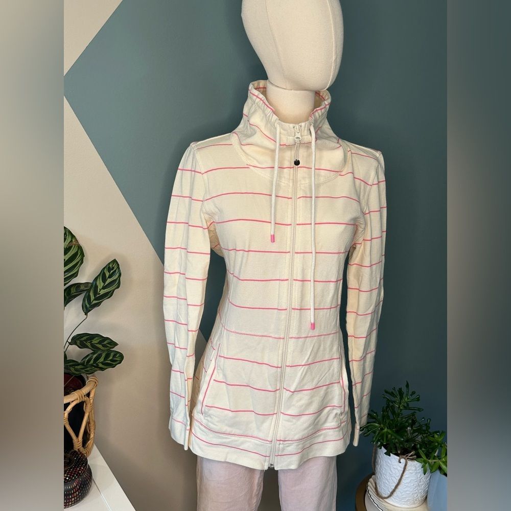 T by Talbots Cream Pink Stripe Zip-Up Jacket M Athleisure Coastal ID2726 CA23147
